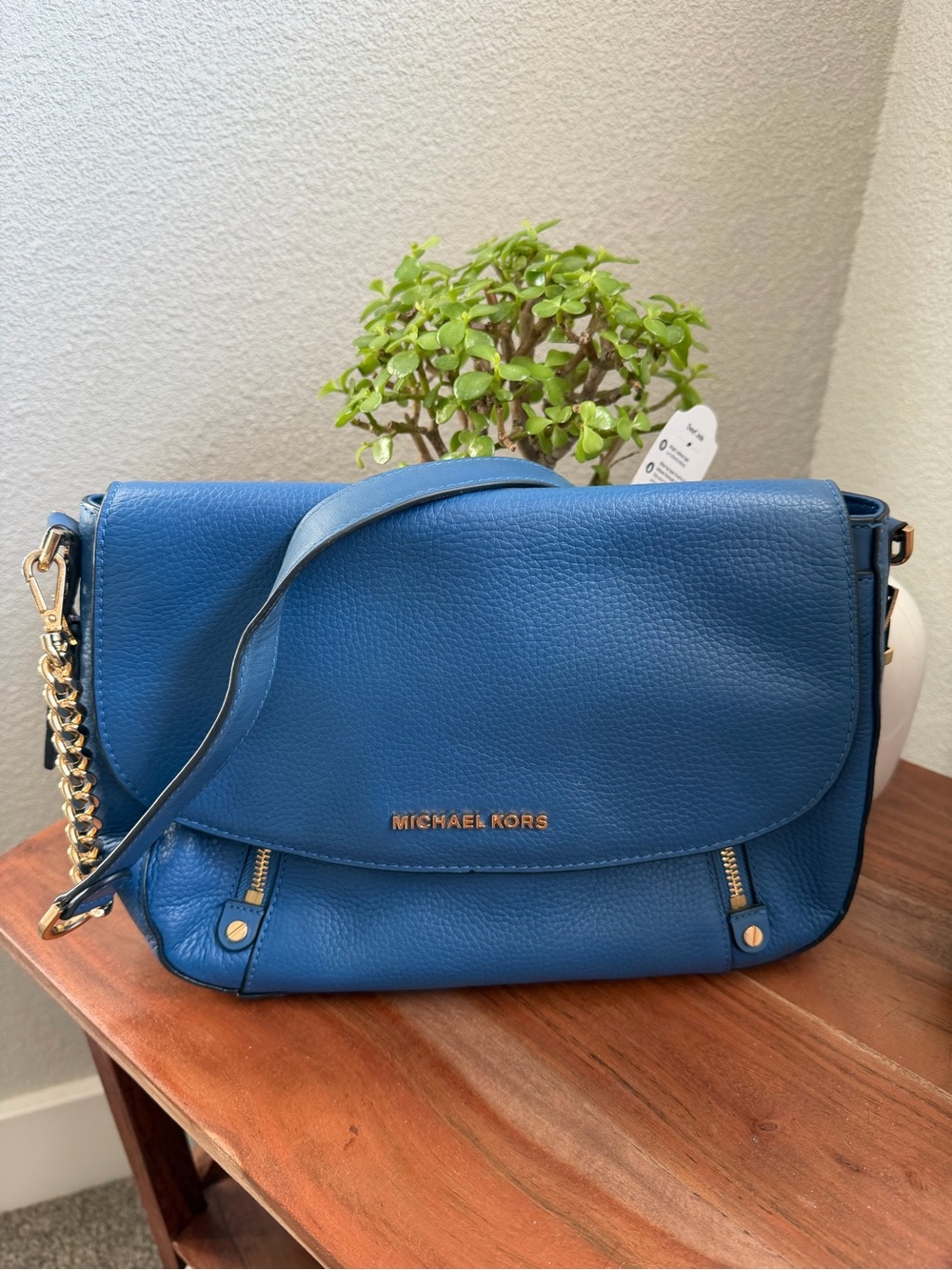 Michael Kors Blue Leather Flap Crossbody with Gold Hardware